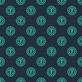 Green line Casino chips icon isolated seamless pattern on blue background. Casino gambling. Vector