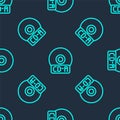 Green line CD or DVD disk icon isolated seamless pattern on blue background. Compact disc sign. Vector Royalty Free Stock Photo