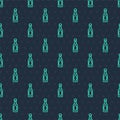 Green line Champagne bottle icon isolated seamless pattern on blue background. Vector