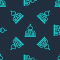 Green line Church building icon isolated seamless pattern on blue background. Christian Church. Religion of church