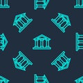 Green line Courthouse building icon isolated seamless pattern on blue background. Building bank or museum. Vector