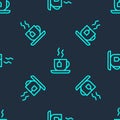 Green line Cup of tea with tea bag icon isolated seamless pattern on blue background. Vector Royalty Free Stock Photo