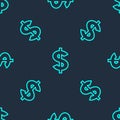 Green line Dollar symbol icon isolated seamless pattern on blue background. Cash and money, wealth, payment symbol Royalty Free Stock Photo