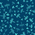 Green line Dragonfly icon isolated seamless pattern on blue background. Vector