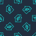 Green line Eco friendly house icon isolated seamless pattern on blue background. Eco house with leaf. Vector Royalty Free Stock Photo