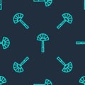 Green line Egyptian fan icon isolated seamless pattern on blue background. Vector