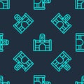 Green line Egyptian house icon isolated seamless pattern on blue background. Vector