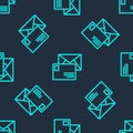 Green line Envelope icon isolated seamless pattern on blue background. Email message letter symbol. Vector Royalty Free Stock Photo