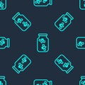 Green line Fireflies bugs in a jar icon isolated seamless pattern on blue background. Vector