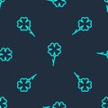 Green line Four leaf clover icon isolated seamless pattern on blue background. Happy Saint Patrick day. Vector Royalty Free Stock Photo