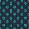 Green line Game rating with medal icon isolated seamless pattern on blue background. Level results for game. Vector Royalty Free Stock Photo