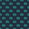 Green line Garbage truck icon isolated seamless pattern on blue background. Vector