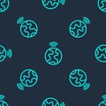 Green line Global technology or social network icon isolated seamless pattern on blue background. Vector Royalty Free Stock Photo