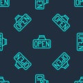 Green line Hanging sign with text Open door icon isolated seamless pattern on blue background. Vector Royalty Free Stock Photo