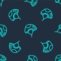 Green line Helmet icon isolated seamless pattern on blue background. Extreme sport. Sport equipment. Vector Illustration Royalty Free Stock Photo