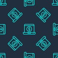 Green line Laptop with dollar icon isolated seamless pattern on blue background. Sending money around the world, money transfer, Royalty Free Stock Photo