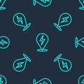 Green line Lightning bolt icon isolated seamless pattern on blue background. Flash icon. Charge flash icon. Thunder bolt Royalty Free Stock Photo