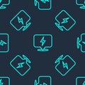 Green line Lightning bolt icon isolated seamless pattern on blue background. Flash icon. Charge flash icon. Thunder bolt Royalty Free Stock Photo