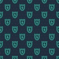 Green line Lightning and shield icon isolated seamless pattern on blue background. High voltage shield. Safe energy Royalty Free Stock Photo