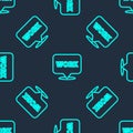 Green line Location with text work icon isolated seamless pattern on blue background. Vector Illustration