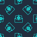 Green line Mail and e-mail icon isolated seamless pattern on blue background. Envelope symbol e-mail. Email message sign Royalty Free Stock Photo