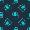 Green line Mail and e-mail icon isolated seamless pattern on blue background. Envelope symbol e-mail. Email message sign. Vector Royalty Free Stock Photo