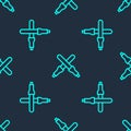 Green line Marshalling wands for the aircraft icon isolated seamless pattern on blue background. Marshaller communicated