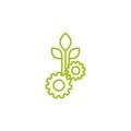 Green line mechanical gears and three green leaves. Isolated on white background. Eco friendly technology icon