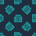 Green line Milan Cathedral or Duomo di Milano icon isolated seamless pattern on blue background. Famous landmark of