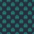 Green line Military ammunition box with some ammo bullets icon isolated seamless pattern on blue background. Vector Royalty Free Stock Photo