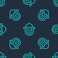 Green line Monkey icon isolated seamless pattern on blue background. Animal symbol. Vector