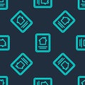 Green line Online real estate house on tablet icon isolated seamless pattern on blue background. Home loan concept, rent Royalty Free Stock Photo