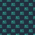 Green line Open book icon isolated seamless pattern on blue background. Vector Royalty Free Stock Photo