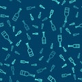 Green line Opened bottle of wine icon isolated seamless pattern on blue background. Vector Illustration