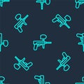 Green line Paintball gun icon isolated seamless pattern on blue background. Vector Illustration