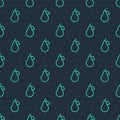 Green line Pear icon isolated seamless pattern on blue background. Fruit with leaf symbol. Vector