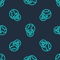 Green line Planet earth and radiation symbol icon isolated seamless pattern on blue background. Environmental concept Royalty Free Stock Photo