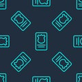 Green line Police badge with id case icon isolated seamless pattern on blue background. Vector Royalty Free Stock Photo