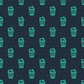 Green line Popcorn in cardboard box icon isolated seamless pattern on blue background. Popcorn bucket box. Vector