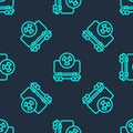 Green line Radioactive cargo train wagon icon isolated seamless pattern on blue background. Freight car. Railroad Royalty Free Stock Photo