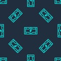 Green line Russian ruble banknote icon isolated seamless pattern on blue background. Vector