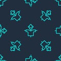 Green line Scarecrow icon isolated seamless pattern on blue background. Vector