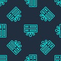 Green line Server, Data, Web Hosting icon isolated seamless pattern on blue background. Vector Royalty Free Stock Photo