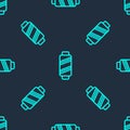 Green line Sewing thread on spool icon isolated seamless pattern on blue background. Yarn spool. Thread bobbin. Vector Royalty Free Stock Photo