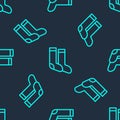 Green line Socks icon isolated seamless pattern on blue background. Vector Royalty Free Stock Photo