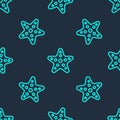 Green line Starfish icon isolated seamless pattern on blue background. Vector Royalty Free Stock Photo