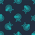 Green line Target with arrow icon isolated seamless pattern on blue background. Dart board sign. Archery board icon Royalty Free Stock Photo
