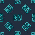 Green line Tarot cards icon isolated seamless pattern on blue background. Magic occult set of tarot cards. Vector Royalty Free Stock Photo
