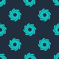 Green line Tornado icon isolated seamless pattern on blue background. Cyclone, whirlwind, storm funnel, hurricane wind Royalty Free Stock Photo