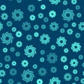 Green line Tornado icon isolated seamless pattern on blue background. Cyclone, whirlwind, storm funnel, hurricane wind Royalty Free Stock Photo